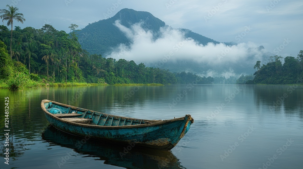 Obraz premium Serene Lake Scene with Weathered Canoe and Misty Mountain Backdrop in a Lush Tropical Setting