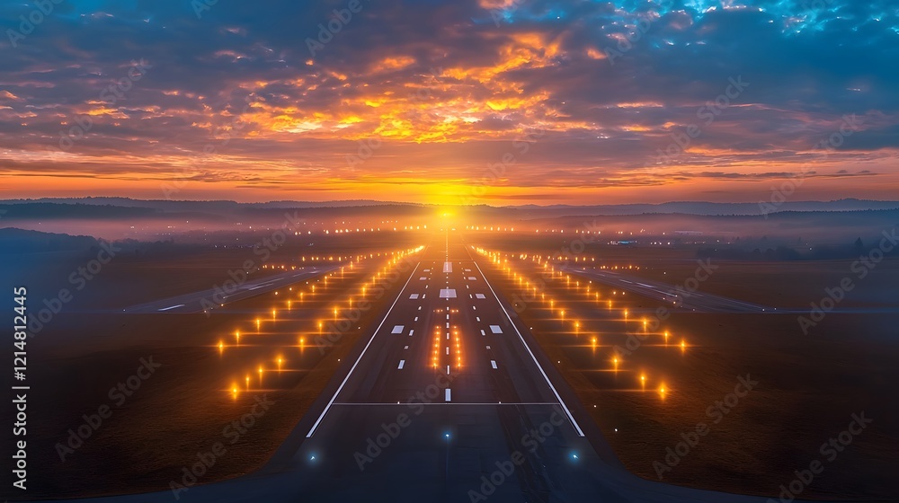 Obraz premium Breathtaking View of an Airport Runway Glowing Under Warm Sunrise Hues With a Peaceful Sky Blending Soft Blues and Golden Yellows