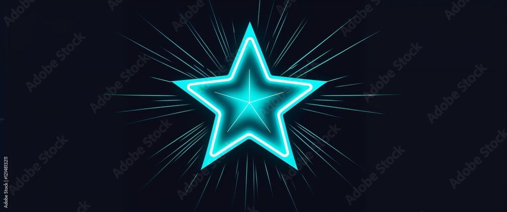 Obraz premium Bright cyan neon star with sharp rays soft glow on black background illustration background design