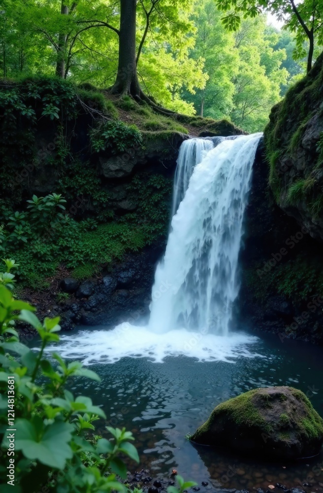 A peaceful corner of nature with a waterfall, free space for text on the side A peaceful corner of nature with a waterfall, free space for text on the side