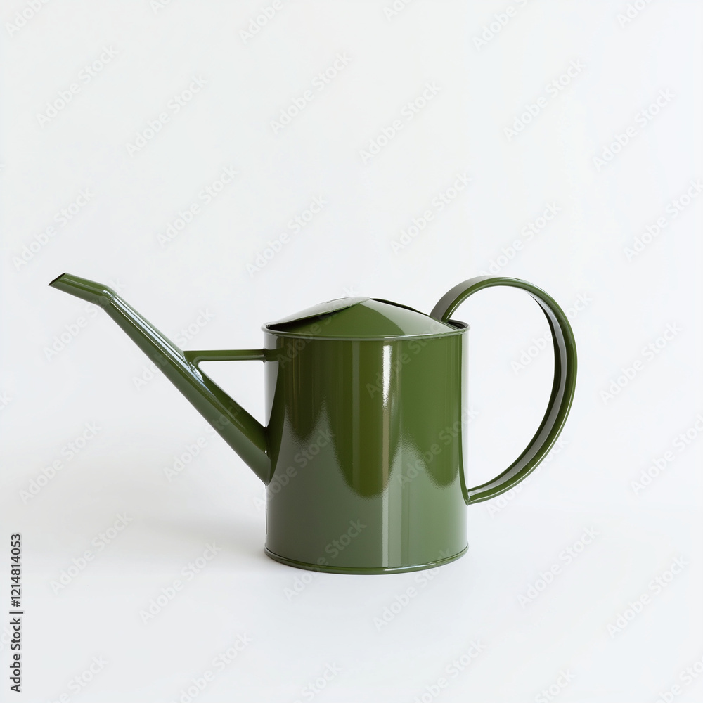 Green watering can with long spout isolated on white background Green watering can with long spout isolated on white background