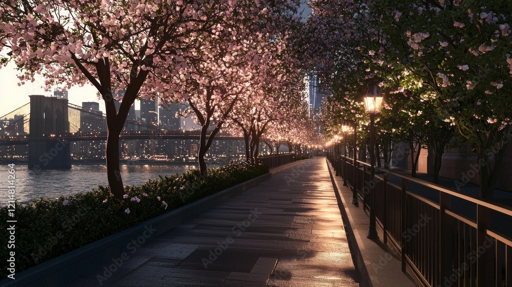 Tranquil Riverside Stroll with Illuminated Trees and Urban Skyline View - Ultra-Detailed Cityscape Glow Tranquil Riverside Stroll with Illuminated Trees and Urban Skyline View - Ultra-Detailed Cityscape Glow