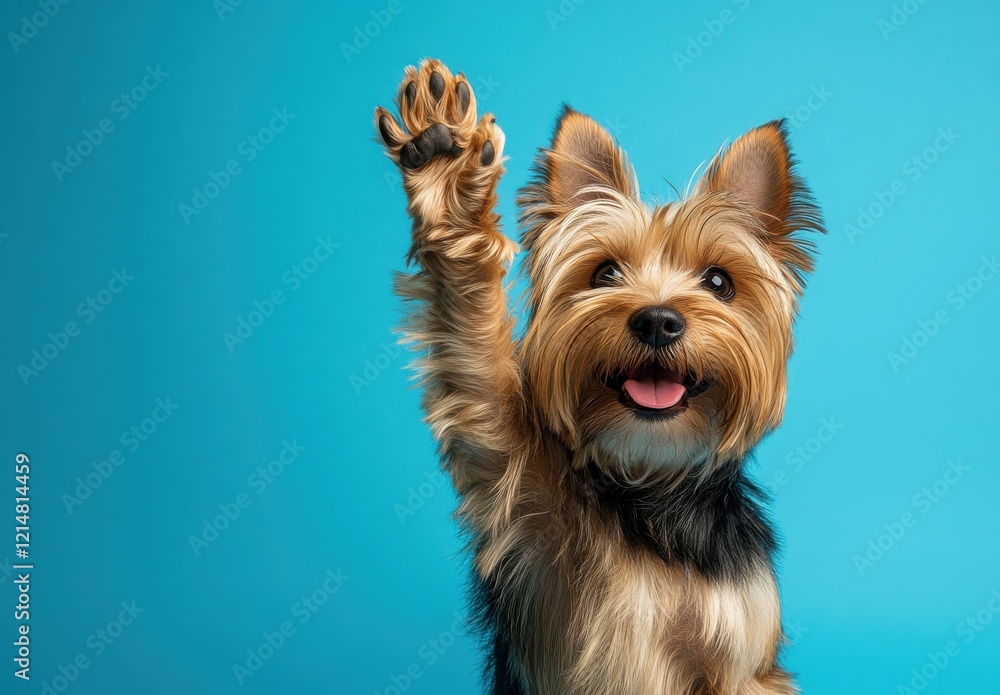 Playful Yorkshire Terrier Raising Paw in Front of Bright Blue Background, Capturing Joyful Expression and Canine Charm in a Studio Setting Playful Yorkshire Terrier Raising Paw in Front of Bright Blue Background, Capturing Joyful Expression and Canine Charm in a Studio Setting