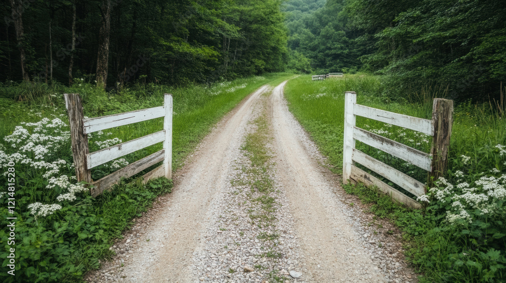 Bed and breakfast, A serene gravel path leads into a lush green forest, framed by white wooden gates and wildflowers, inviting exploration and tranquility. Bed and breakfast, A serene gravel path leads into a lush green forest, framed by white wooden gates and wildflowers, inviting exploration and tranquility.