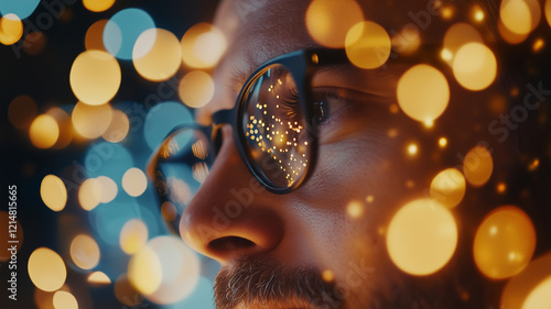 close up of man face with glasses reflecting colorful bokeh lights, creating dreamy atmosphere. warm tones evoke sense of wonder and creativity photo