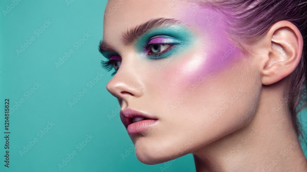 Naklejka premium A captivating image where the subjects face displays a gradient from a vivid turquoise on one cheek to a soft lilac on the other resulting in a smooth eyecatching effect.