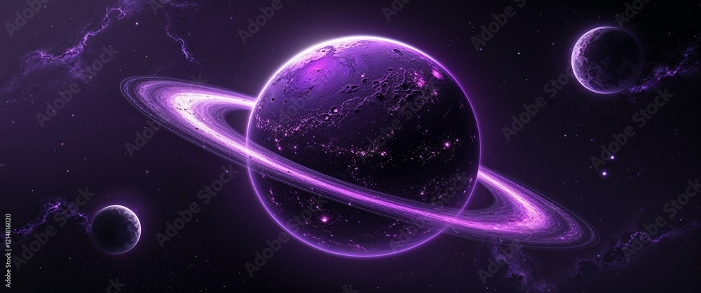 Fototapeta premium Dark purple planet with glowing craters and surrounded by deep black space faint nebula light illustration background design