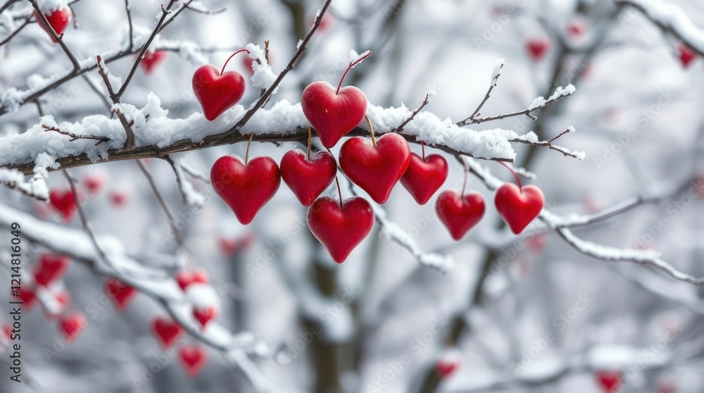 A graceful and elegant image of red hearts on a snowy winter tree branch, illuminated with gentle soft light, diffused shadows, Valentine's day A graceful and elegant image of red hearts on a snowy winter tree branch, illuminated with gentle soft light, diffused shadows, Valentine's day
