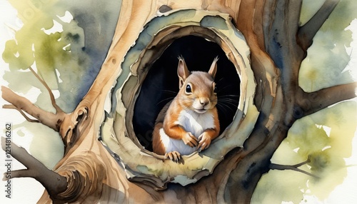 Watercolor illustration captures a delightful scene of a squirrel diligently preparing for its hibernation while nestled in a cozy tree hollow, surrounded of lush green foliage