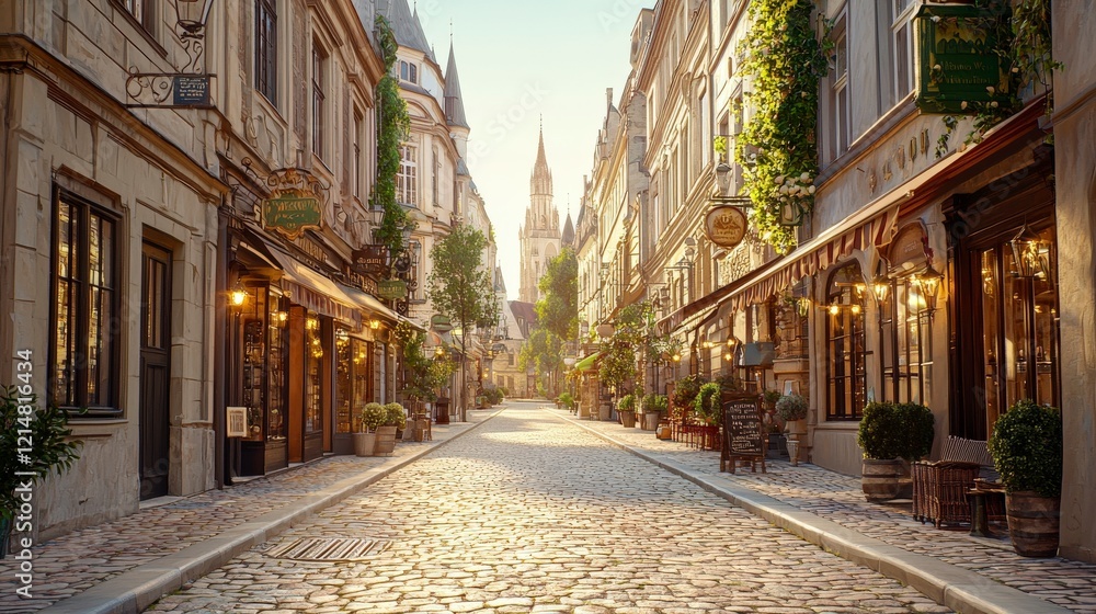 Fototapeta premium A picturesque cobblestone street illuminated by warm sunlight, lined with charming shops and greenery, evoking a serene and inviting atmosphere.