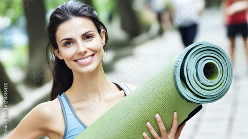 Smiling Woman Holds Yoga Ma...
