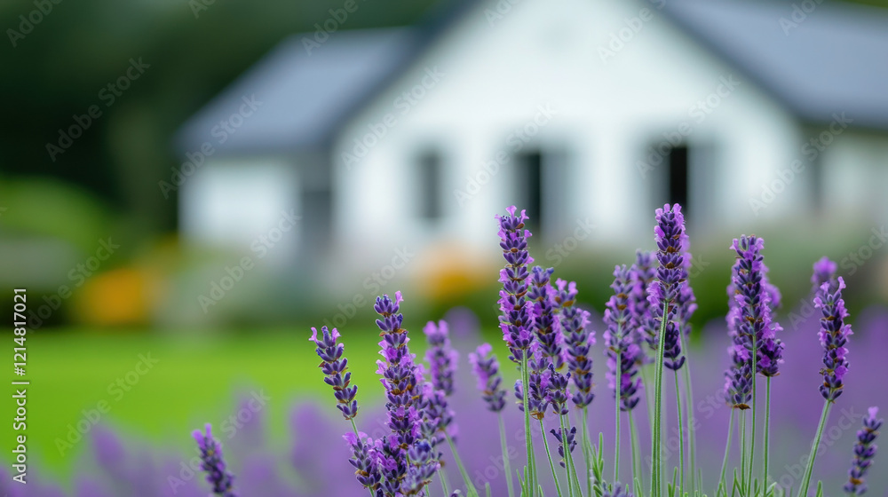 Naklejka premium Bed and breakfast, Lavender blooms in the foreground with a blurred white house and garden in the background, creating a serene countryside atmosphere.