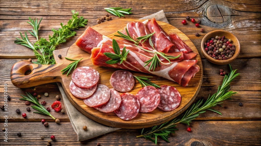 A rustic Italian-style wooden cutting board with a selection of cured meats including prosciutto and salami alongside fresh herbs like rosemary and thyme, salami, kitchen A rustic Italian-style wooden cutting board with a selection of cured meats including prosciutto and salami alongside fresh herbs like rosemary and thyme, salami, kitchen