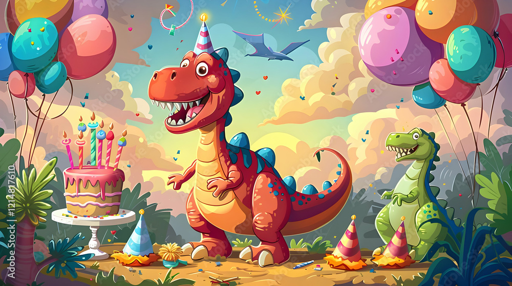 Fototapeta premium Cute Dinosaurs Celebrate with Cake and Balloons at a Jungle Birthday Party