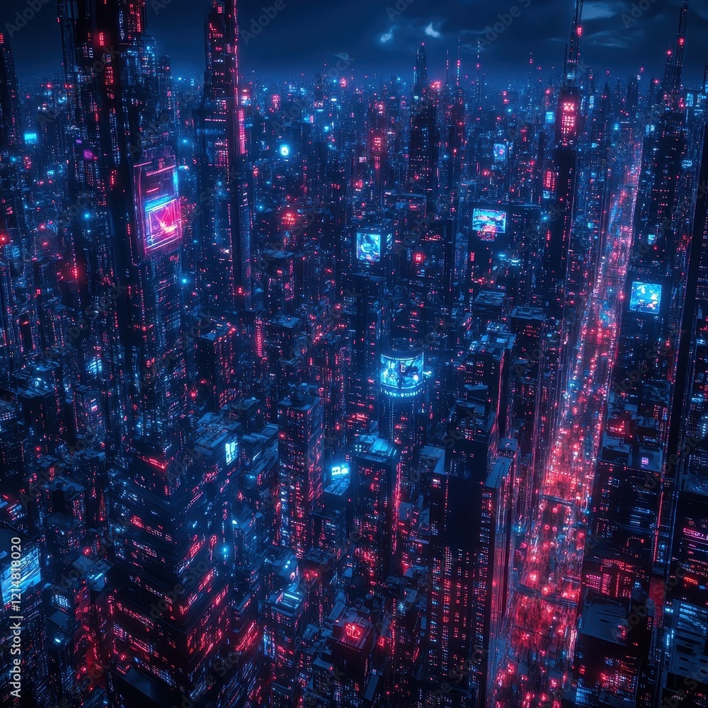 Sleek Neon City Skyline at Night with Illuminated Buildings Sleek Neon City Skyline at Night with Illuminated Buildings