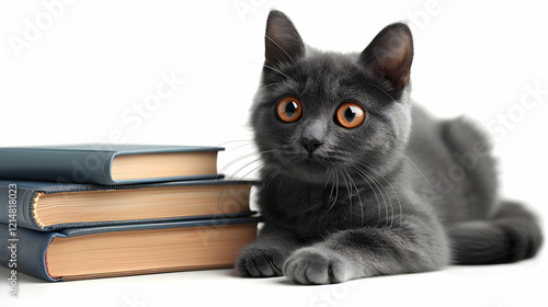 Gray Cat Lies Next to Stack...