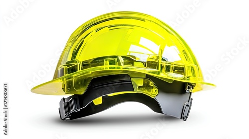 A yellow hard hat with reflective decals, placed on a pure white background to highlight its bright color and visibility features photo