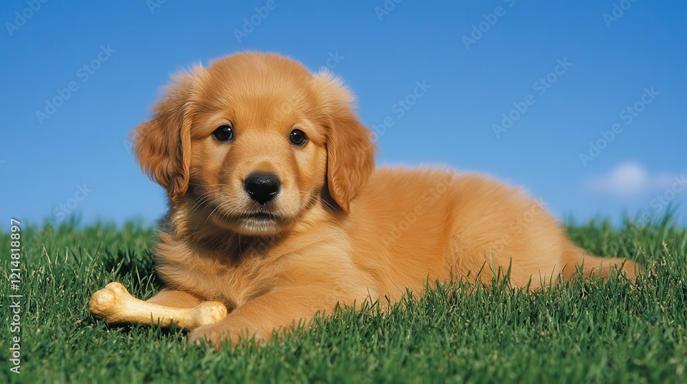 Puppy Chewing Bone While Lying on Green Grass Under Blue Sky Puppy Chewing Bone While Lying on Green Grass Under Blue Sky