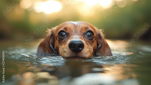 A heartwarming scene of a dog swimming in glistening waters, with its eyes shining brightly, evoking a sense of joy and playfulness in a captivating natural setting. photo