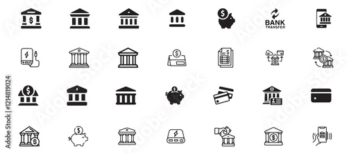 Bank icon set, business, finance, financial, bank, banking, currency, money, concept, economy, savings, cash, payment, investment, deposit, illustration, account, profit, icon, wealth, technology.