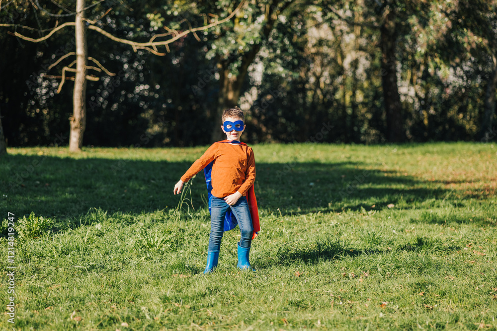 Young superhero poses confidently in a green park showcasing imagination and playfulness during a sunny day Young superhero poses confidently in a green park showcasing imagination and playfulness during a sunny day
