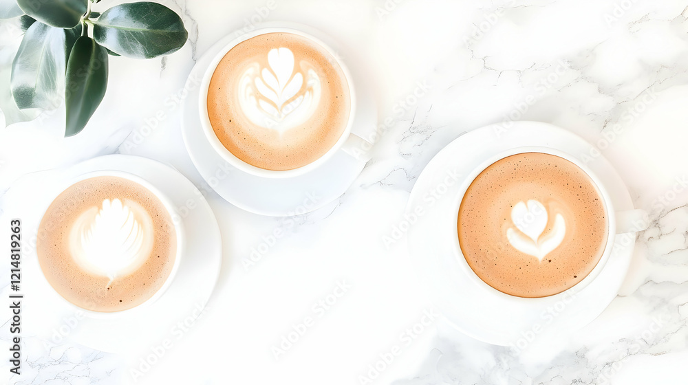 Three Cups of Latte Art Coffee Sit on a Marble Table Next to a Green Plant Leaf