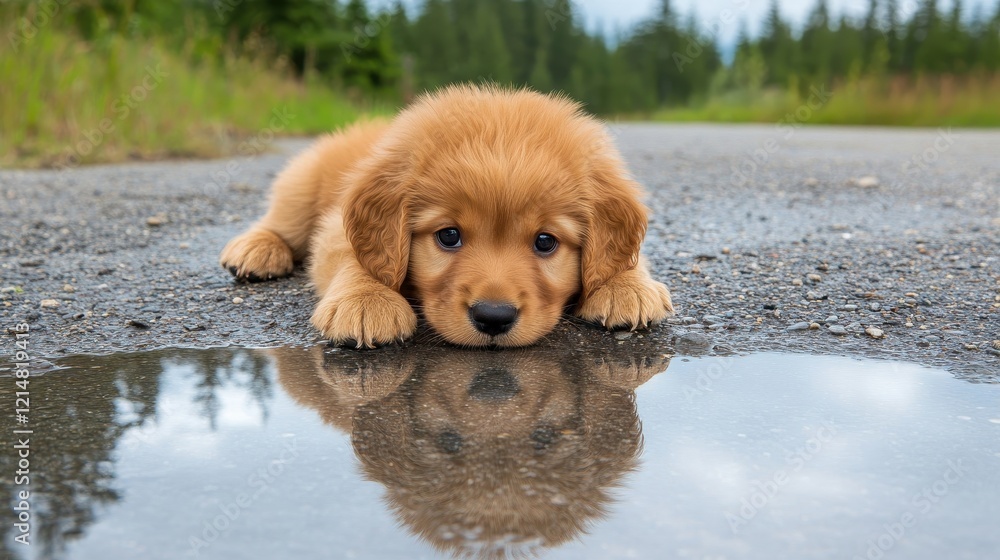 Puppy Laying Down Near Puddle Reflecting Calm Forest Scene Puppy Laying Down Near Puddle Reflecting Calm Forest Scene