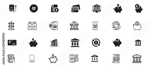 Bank icon set, business, finance, financial, bank, banking, currency, money, concept, economy, savings, cash, payment, investment, deposit, illustration, account, profit, icon, wealth, technology.