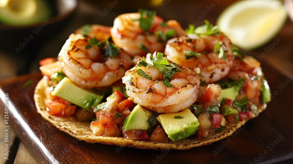 Overhead view of delicious looking shrimp tostada stacked high on a tortilla and topped with sliced avocado for an excellent Mexcian seafood meal. Overhead view of delicious looking shrimp tostada stacked high on a tortilla and topped with sliced avocado for an excellent Mexcian seafood meal.