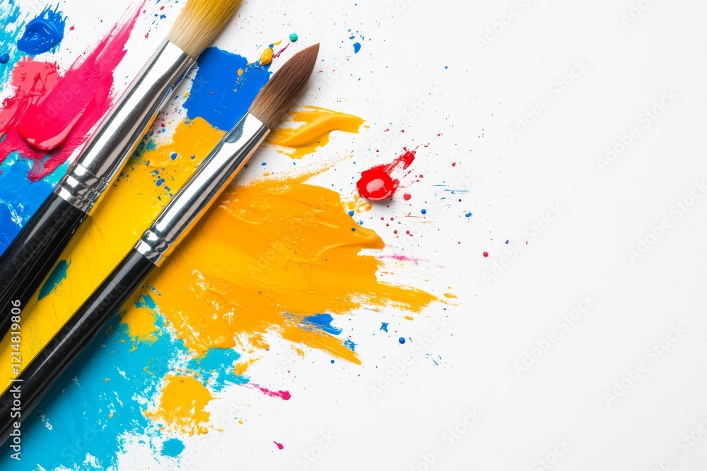 Fototapeta premium Brushes and vibrant paint splashes create a colorful artistic workspace on a tabletop ready for creativity
