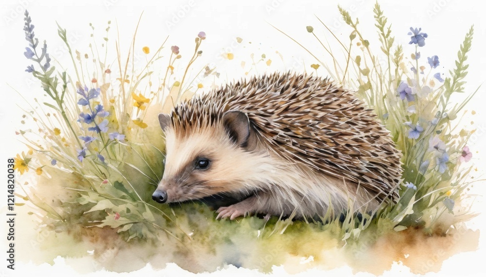 Fototapeta premium A detailed illustration showcases a hedgehog getting ready for hibernation in a vibrant, lush meadow as autumn leaves begin to fall, creating a picturesque seasonal scene