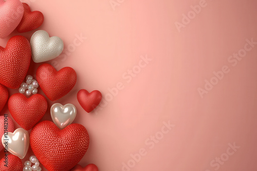 Heart and pearl decorations on pink background