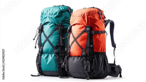 Two colorful climbing backpacks in teal and orange hues showcase their durable features, perfect for outdoor adventures and hiking enthusiasts seeking reliable gear. photo