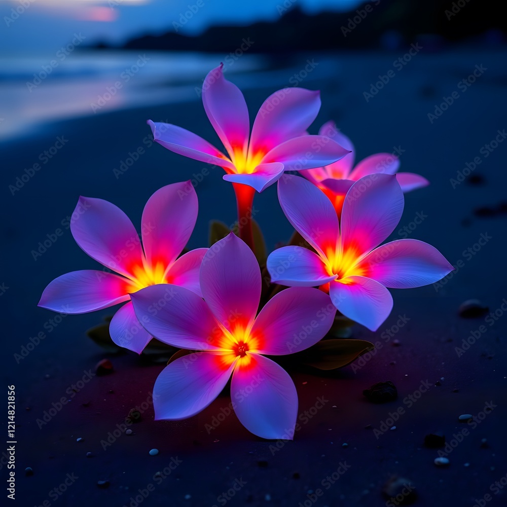 Surreal Floral Glow Vibrant Flowers under UV Light on Beach Surreal Floral Glow Vibrant Flowers under UV Light on Beach