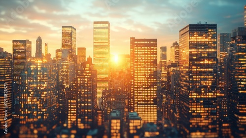 A stunning sunset view over a vibrant city skyline, highlighting tall skyscrapers with glowing windows, creating a mesmerizing urban landscape.