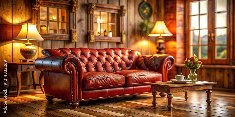 Fototapeta premium Comfortable Rustic Red Leather Sofa in Cozy Living Room - Tilt-Shift Photography