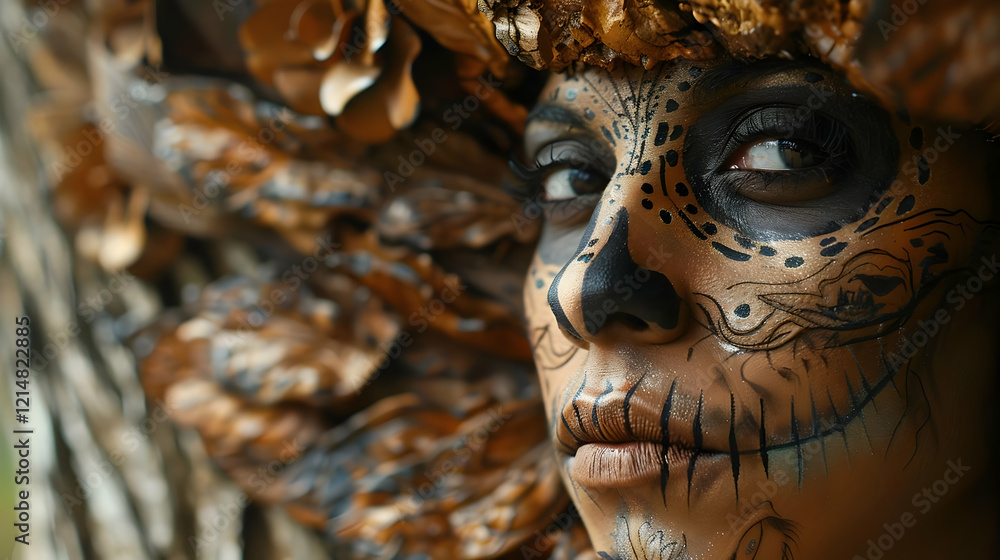 Artistic Face Paint with Intricate Design Embraces the Beauty of Autumn Colors and Textures. Artistic Face Paint with Intricate Design Embraces the Beauty of Autumn Colors and Textures.