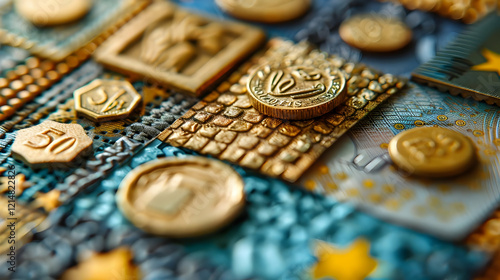 Close-up of Golden Coins and Currency Symbols Embroidered on Fabric Background with Tile Texture. photo