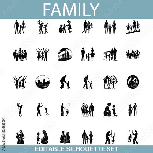 Editable Family Silhouettes Diverse Poses, Activities, and Bonds