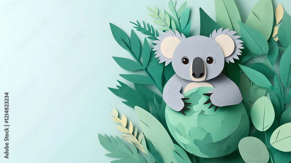 Koala Embracing Leafy Planet on Minimal White Background 3D Koala Embracing Leafy Planet on Minimal White Background 3D
