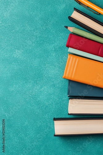 A colorful array of books stacked on a teal background, showcasing various sizes and textures, accompanied by stationery like a pencil and pen.