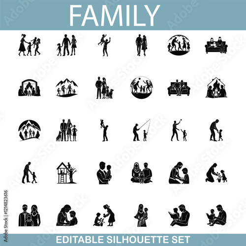 Family Silhouettes Editable Set of Diverse Family Icons
