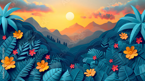 Paper Cut Tropical Landscap...