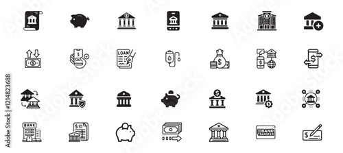 Bank icon set, business, finance, financial, bank, banking, currency, money, concept, economy, savings, cash, payment, investment, deposit, illustration, account, profit, icon, wealth, technology.