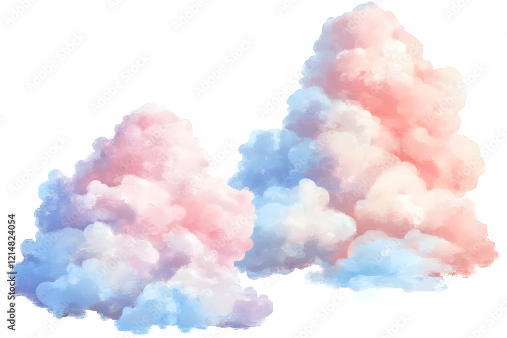 Fototapeta premium Two Fluffy Pink and Blue Cloud Illustrations Form a Dreamlike Atmosphere