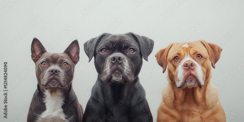 Three Adorable Dogs with Expressive Faces Displaying Unique Personalities in a Light Gray Background Perfect for Animal Lovers and Pet Enthusiasts