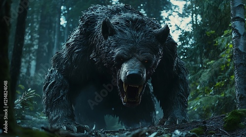 A horrifying demon in the shape of a bear lurking in an oppressive dark forest photo