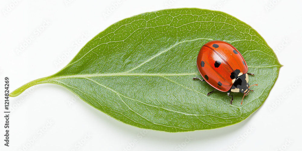 Fototapeta premium Ladybug and green leaf spring nature botanical closeup