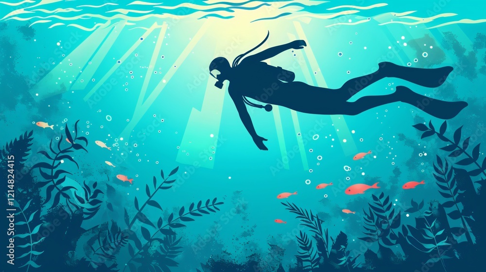 Fototapeta premium Underwater Diver Swimming Activity Vector Illustration