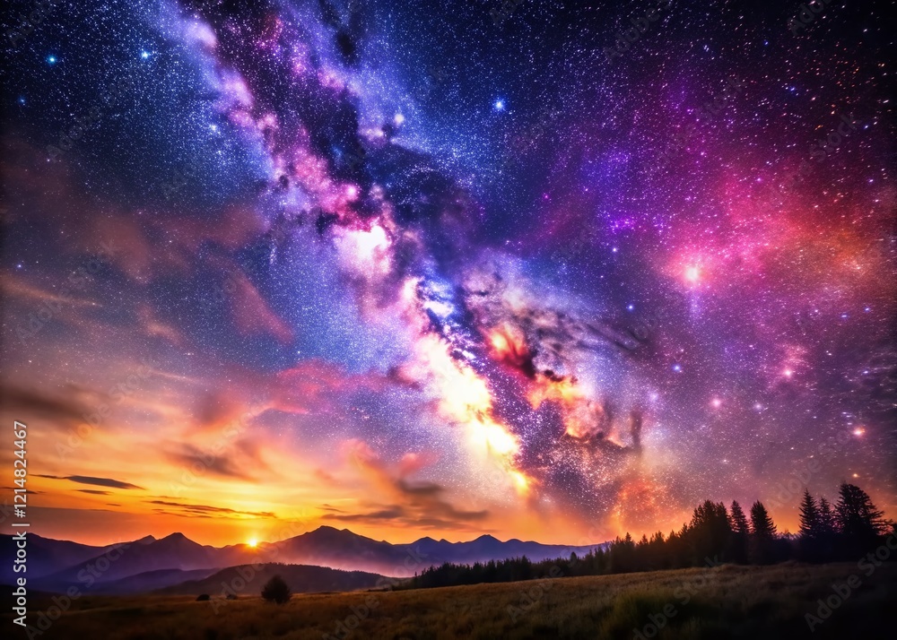Fototapeta premium Cosmic Nebula: Purple Stardust Galaxy, Bright Stars, Milky Way Texture - Magical Night Sky Landscape